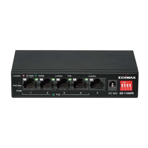 Long Range 5-Port Gigabit PoE+ Switch with 4 PoE+ Ports and DIP Switch GS-1105PE 4717964705426