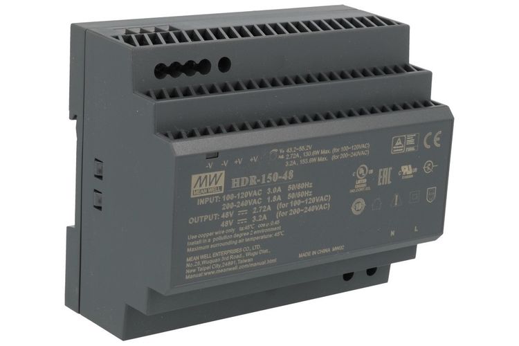 Switched-mode power supply 48V 153.6W 3.2A, mounted on DIN rail, MEAN WELL, HDR-150-48 MB3.2/48MEANWELL