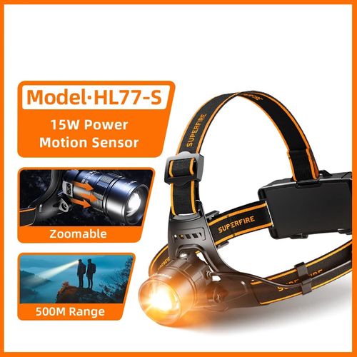 Žibintuvėlis ant galvos, 15W 550lm fokusuojamas, įkraunamas USB-C, šiltai balta šviesa SUPERFIRE-HL77-S 6977502515599