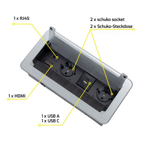 Ilgiklis montuojamas balde INBOX, 2x Schuko, 1x USB A, 1x USB-C, HDMI, RJ45, su 1.5m ilgio laidu, sidabro spalvos INBOX-SR-DE-1.5-02