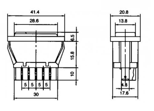 Rocker switch; (ON)-OFF-(ON) nenfixed, 5pins. 20A/12Vdc, 41.4x20.8mm, DPDT, black KE/MI/5A/W 5900804016243