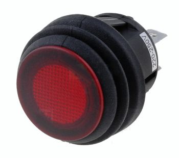 Rocker switch; ON-OFF, fixed, 2pins. 10A/250Vc, Ø25.0mm, SPST, IP66 round, water proof red illumination NEON KE/RO/R13/BR