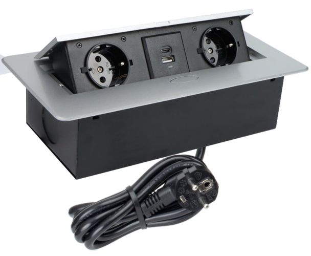 Ilgiklis montuojamas balde KOMBI BOX, 2x Schuko, 1x USB, 1x USB-C, su pilku rėmeliu, 3m laidas KOMB-AL-2DE-UAC-3.0W