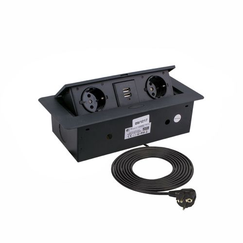 Ilgiklis montuojamas balde KOMBI BOX, 2x Schuko, 2x USB, su 3m ilgio laidu, juodas KOMB-CZ-2DE-USB-M1W