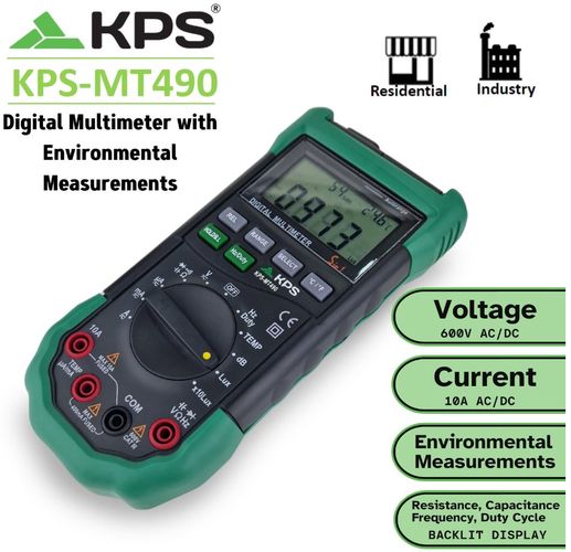Цифровой мультиметр с возможностью измерения параметров окружающей среды: температуры, относительной влажности, уровня звука и освещенности, KPS MT490 8435394774718