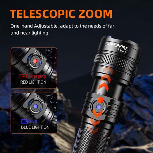 Flashlight L16-X, 400lm, with focus, rechargable USB C, 2x 18650 3400mAh, IP43 SUPERFIRE-L16-X 6974760351747