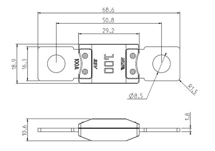 MEGAVAL saugiklis 150A 32V 68.6mm MTA MEGAVAL-150A
