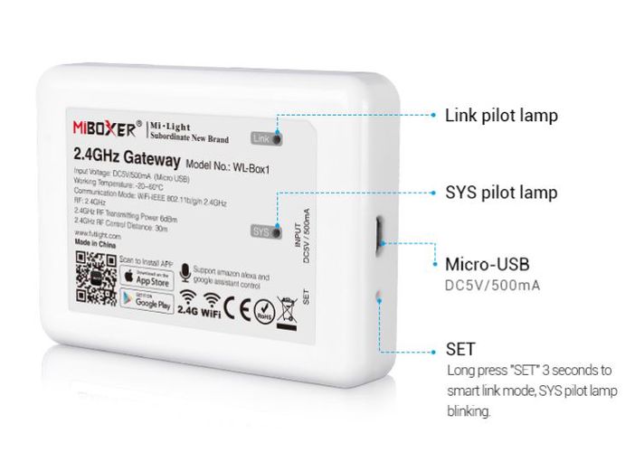 LED valdymo sistemos Mi Light bevielė stotelė Wi-Fi GATEWAY, MiBoxer ML-WL-BOX1 6970602180766