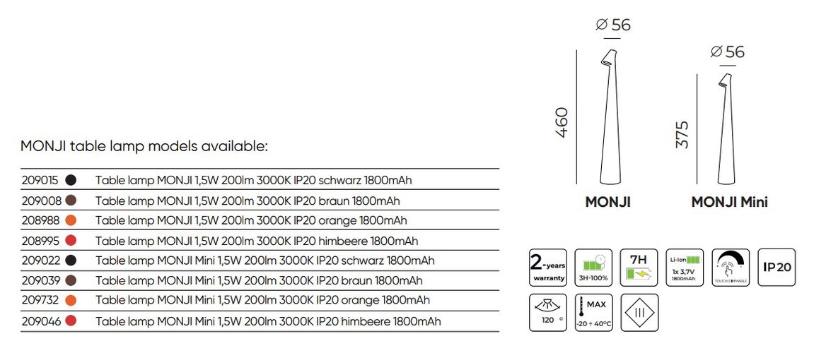 Įkraunamas, stalinis šviestuvas MONJI Mini 1,5W 200lm 3000K IP20 10/50/100% ruda 1800mAh 209039 5905378209039