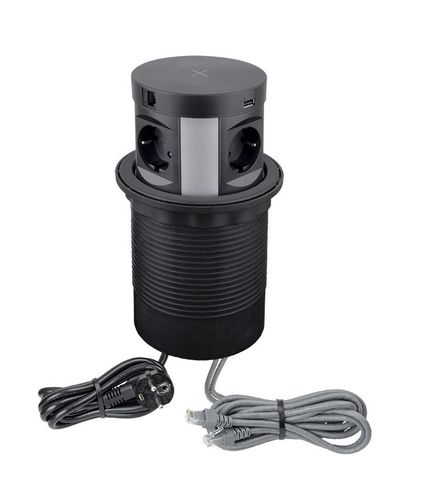 Розетка мебельная MULTIBOX, 4xDE, 1x USB, 1x USB-C, QI, RJ45, 2м черная Дизайн светлый MULTIBOX-CZ-4DE-UAC 5908293405616