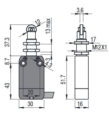 Galinės padėties jungiklis M12x1 su ratuku NF B110FB-DN2, Pizzato NF-B110FB-DN2