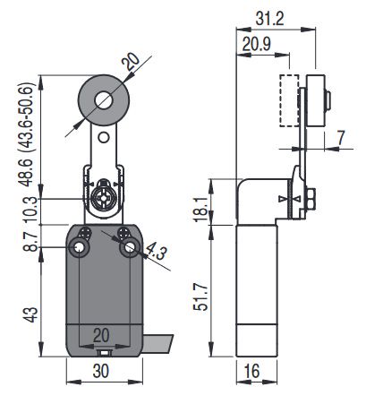 Galinės padėties jungiklis su svirtele ir ratuku NF B112KF-DN2, Pizzato NF-B112KF-DN2 8018851152856