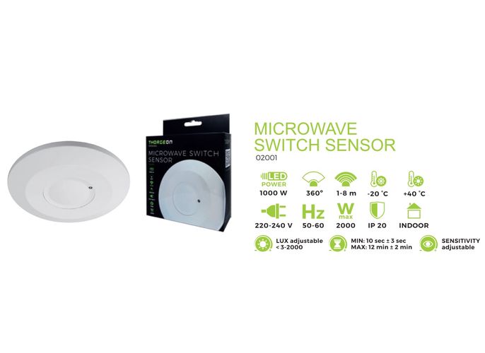 Movement sensor, microwave, 230Vac, 1-8m, 2000W max, IP20, THORGEON NORGEON-02001 4751029890382