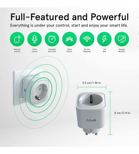 Išmanioji Wi-Fi rozetė A7, 3680W, su energijos matavimo funkcija, TUYA / Smart Life, NOUS NOUS-A7 5907772033463