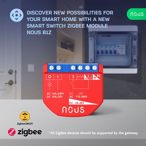 Išmani relė / jungiklis su sauso kontakto jungtimis, 1 kanalo, be galios matavimo ZigBee 2MQTT, TUYA NOUS-B1Z 5905072800471