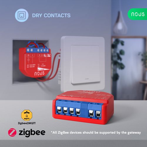 Išmani relė / jungiklis su sauso kontakto jungtimis, 1 kanalo, be galios matavimo ZigBee 2MQTT, TUYA NOUS-B1Z 5905072800471