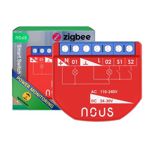 Išmani relė / jungiklis su sauso kontakto jungtimis, 2 kanalų, su galios matavimu ZigBee 2MQTT, TUYA NOUS-B3Z