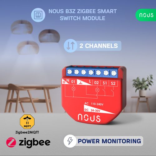 Išmani relė / jungiklis su sauso kontakto jungtimis, 2 kanalų, su galios matavimu ZigBee 2MQTT, TUYA NOUS-B3Z