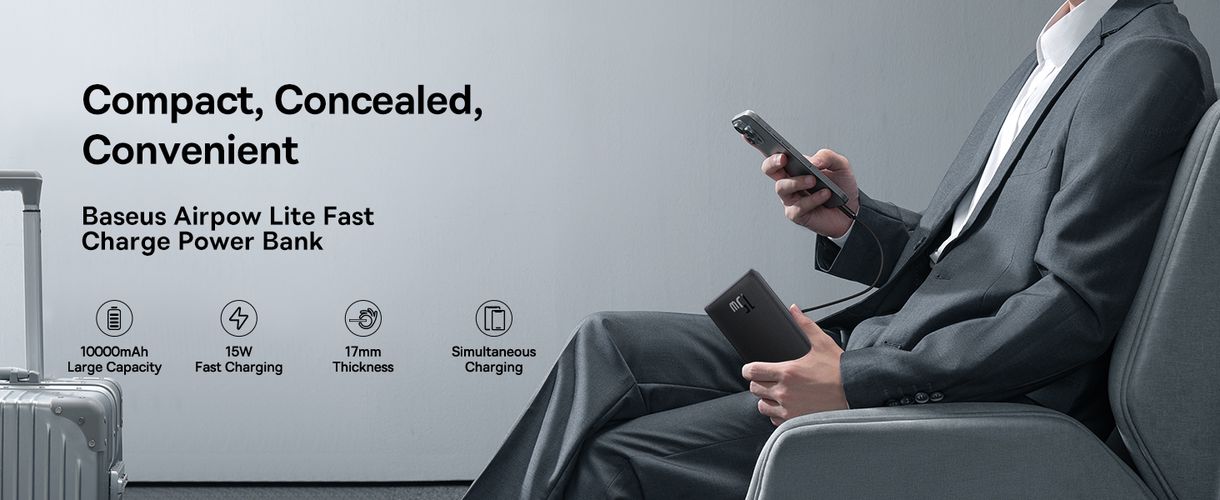 LiPo išorinis akumuliatorius (PowerBank) 10000mAh 15W USB + USB-C Airpow Lite juodas BASEUS P10067500123-00 6932172652593