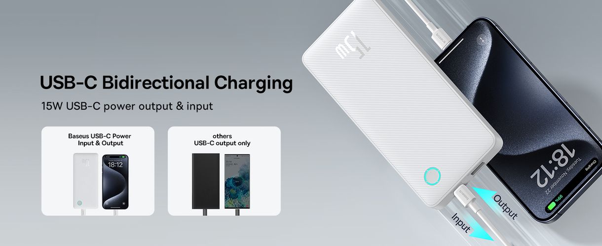 LiPo Powerbank 10000mAh 15W USB + USB-C Airpow Lite white BASEUS P10067500213-00 6932172652609