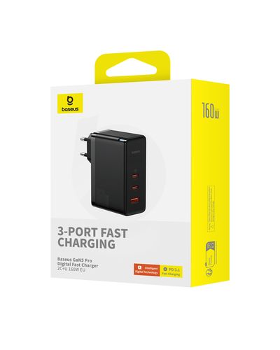 Sieninis įkroviklis GaN5 Pro 160W USB + 2xUSB-C QC4+ PD3.1 su USB-C 1m laidu, juodas P10110825113-00 6932172635046