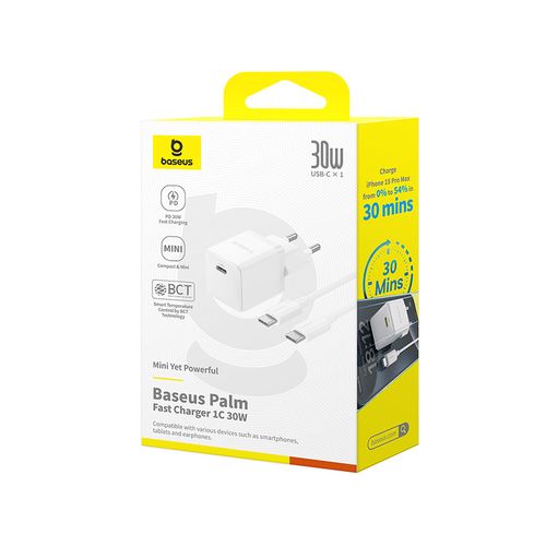 Sieninis įkroviklis Palm 30W USB-C QC3.0 PD3.0 su USB-C kabeliu 1m, baltas P10111605213-01 6932172677404