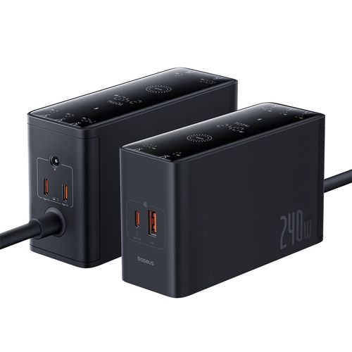 Настольное быстрое зарядное устройство Digital GaN Intelligent 240W USB + 3xUSB-C + DC 5.5mm PD3.1 с кабелем USB-C 1м, черный P10163901113-00 6932172646110