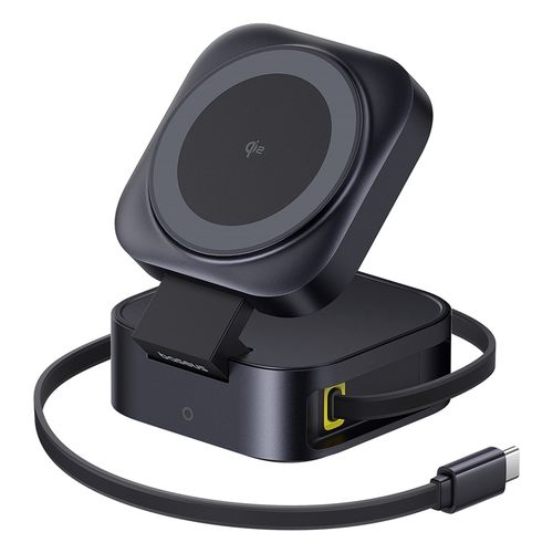 Belaidis magnetinis Qi2 įkroviklis PicoGo 15W su ištraukiamu 67W USB-C kabeliu, juodas P10276800123-00