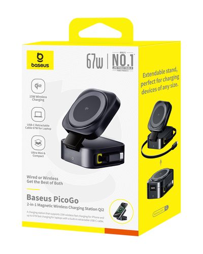Belaidis magnetinis Qi2 įkroviklis PicoGo 15W su ištraukiamu 67W USB-C kabeliu, juodas P10276800123-00
