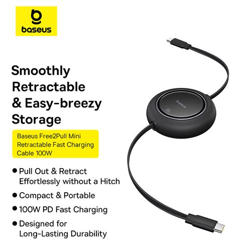 Cable USB C - USB C 100W 1.5m retractable black Free2Pull BASEUS P10364500113-00 6932172668648