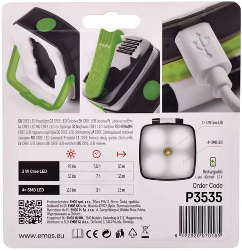 Žibintuvėlis ant galvos, 110/55lm įkraunamas Micro USB, 850mAh, EMOS P3535