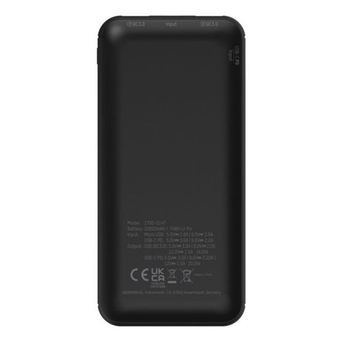 LiPo išorinis akumuliatorius (Powerbank) 20000mAh 20W 2xUSB + USB C QC3.0 PD juodas su microUSB kabeliu ANSMANN PB320PD 4013674187195