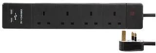 EXTENSION 4 GANG WITH 2 USB, BLACK 2M PEL00109