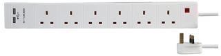 EXTENSION 6 GANG 2 USB, WHITE 1M PEL00120