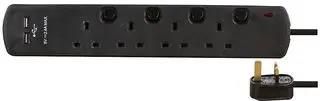 EXTENSION LEAD 4 GANG WITH USB BLACK 2M 8418SU BLK