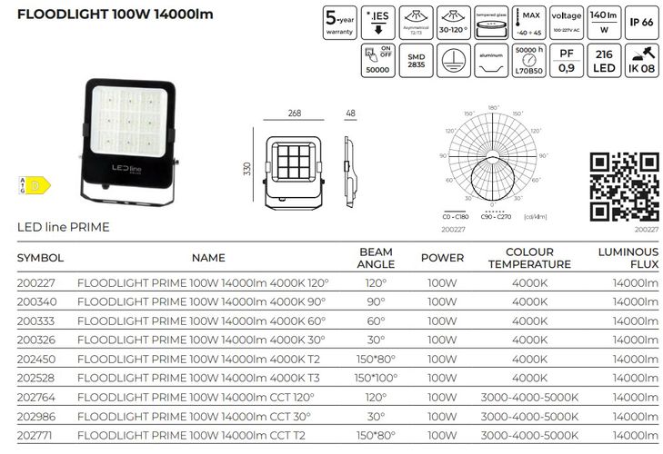 Светодиодный прожектор FLUX, 230Vac, 100W, 14 000lm, 140lm/W, CCT 3000K 4000K 5000, IP66, 120° 202764 5905378202764