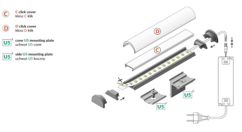 Profilis aliuminis anoduotas LED juostoms, lenkiamas, ARC12, 1m, TOPMET PROF-ARC12-1Ms