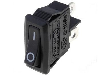 Rocker switch; ON-OFF, fixed, 2pins. 3A/250Vac, 19.4x7mm SPST, black R13-243A-02