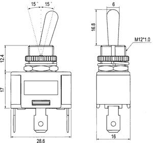 Tumbleris ON-OFF-ON 3k. 3pad. su fiksacija 250V 6A SP3T vidutinis ilga juoda svirtelė R13-416D2-06