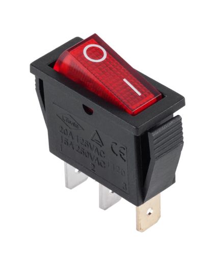 Rocker switch; ON-OFF, fixed, 3pins. 15A/250Vac, 30.5x13.5mm SPST, illuminatad, red, NEON R13-91B-01/R