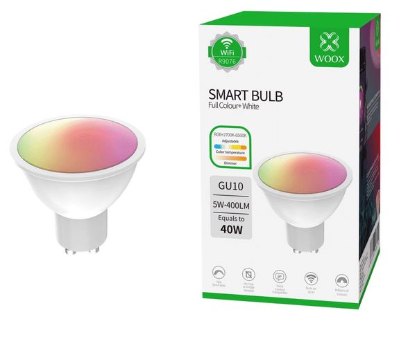 Lemputė LED GU10, 230V, 5.5W, 400lm, 2700K - 6500K, CCT, RGB, išmanioji Wi-Fi, valdoma programėle, TUYA, WOOX R9076 8435606703574