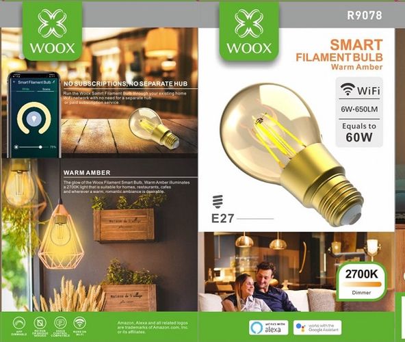 Lemputė LED filament E27, 230V, 6W, 650lm, 2700K, išmanioji Wi-Fi, valdoma programėle, TUYA, WOOX R9078 8435606703598