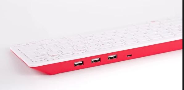 Klaviatūra skirta Raspberry kompiuteriams, oficiali Raspberry, balta/raudona su USB šakotuvu RPI-KEYB(US)-RED/WH