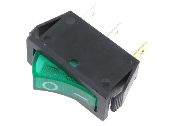 Rocker switch; ON-OFF, fixed, 3pins. 15A/250Vac, 28x10.6mm, SPST, illuminated, green, NEON KE/MI/LI/220G 5900804016434