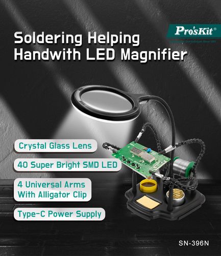 Plokštės laikiklis litavimui su 4 žnyplėmis, lupa bei LED šviestuvu SN-396N 4711552167610
