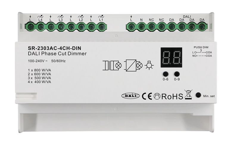 DALI sistemos valdiklis TRIAC 4x400W, 4 kanalų, DIN, TRIAC 100-240V, Sunricher SR-2303AC-4CH-DIN