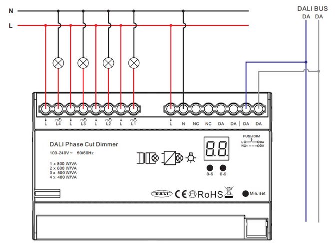 DALI sistemos valdiklis TRIAC 4x400W, 4 kanalų, DIN, TRIAC 100-240V, Sunricher SR-2303AC-4CH-DIN