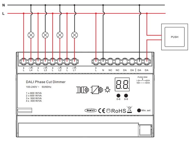 DALI sistemos valdiklis TRIAC 4x400W, 4 kanalų, DIN, TRIAC 100-240V, Sunricher SR-2303AC-4CH-DIN