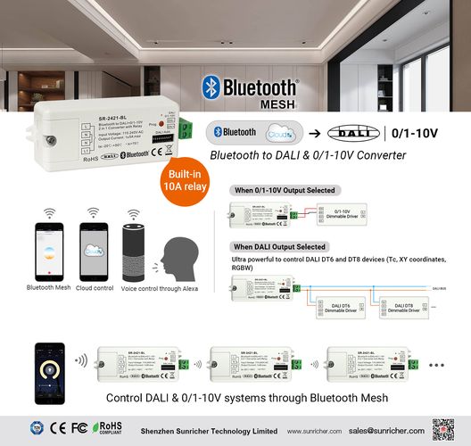 Apšvietimo valdymo signalo keitiklis Bluetooth TUYA - DALI/0-10V, Sunricher SR-2421-BL-TY