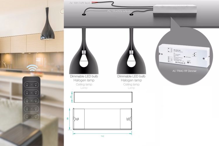 Диммер приемный для систем освещения 230В, двухканальный, TRIAC, серия Easy-RF, Sunricher SR-2501AC